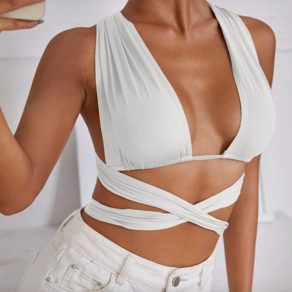 Solid Crisscross Tie Back Crop Top (SHEIN)